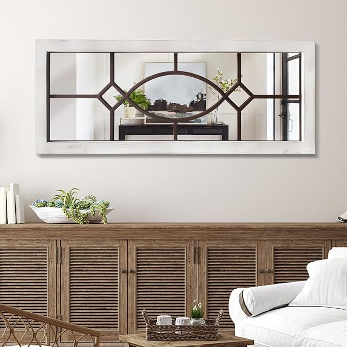 Farmhouse Mirror for Wall Decor: 43.3" x 17.7" Large Rustic Windowpane Mirrors with Wooden Frame- Decorative Entryway Mirror for Living Room/Bedroom/Hallway/Fireplace by TopCity