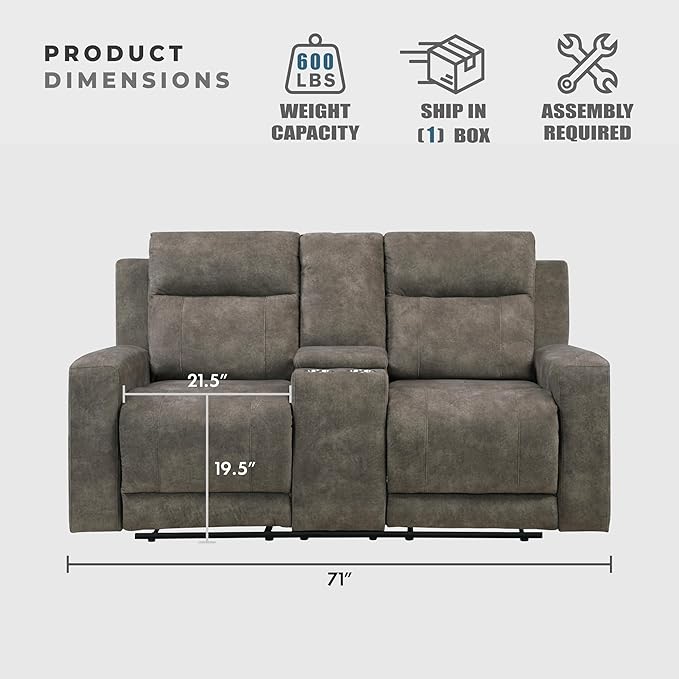 Lexicon Manual Double Reclining Loveseat, Textured Microfiber Manual Wall Hugger Loveseat Recliner for Living Room, Center Storage Console/Cup Holders/Track Arm, Easy Assembly, Brown