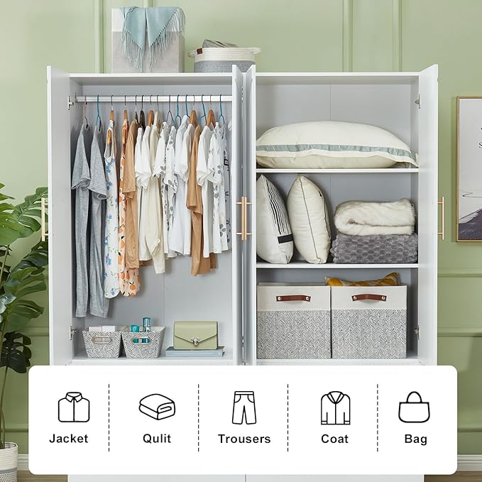 GraceGrove Wardrobe Closet Cabinet with 4 Drawers Large Wardrobe Closet with 4 Doors Ample Storage Capacity, Tall Wood Armoires and Wardrobes with Hanging Rail for Bedroom White