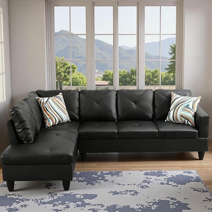 L Shape Sectional Couch with Chaise, 97 Inch Modular Sofa with Ergonomic Reclined Backrest, Sectional Couches for Living Room, Cross Hatch Patterns, for Office and Small Apartment, Black