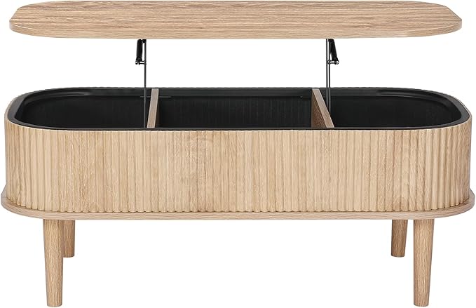 VEVOR Fluted Lift Top Coffee Table, Oval Wood Coffee Table with 3 Hidden Compartment, Mid Century Modern Center Table with Storage, Lift up Tabletop for Home Living Room Office, Easy Assembly, Natural