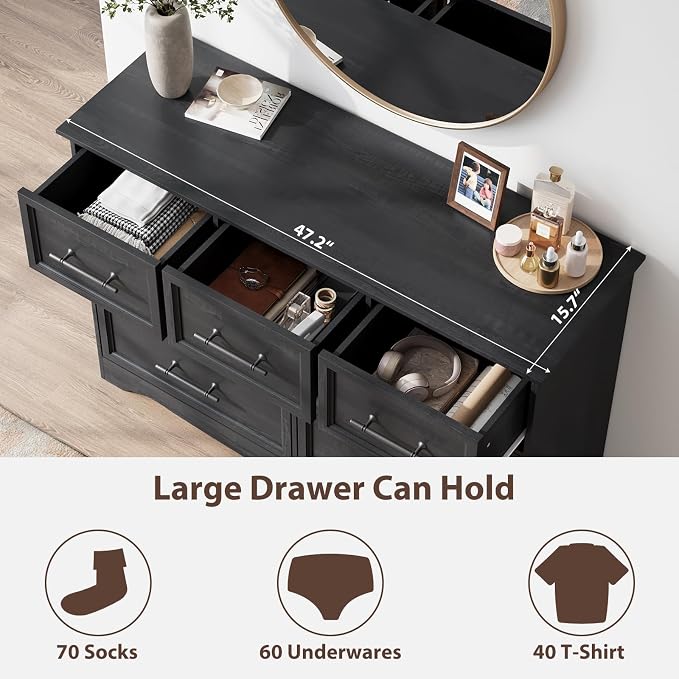 Black Dresser for Bedroom, Modern 7 Chest of Drawers, 47" Wide Chest of Drawers w/Brushed Metal Handle, Wood Closet Organizers and Storage Cabinet for Bedroom, Living Room, Hallway - Image 5