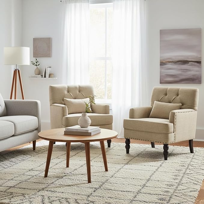 HUIMO Tufted Club Chair Set of 2 with Lumbar Pillow,Accent Chair Upholstered Button Armchair, Linen Fabric Sofa Chairs for Bedroom, Living Room, Mid Century Modern Reading Chair,Brown
