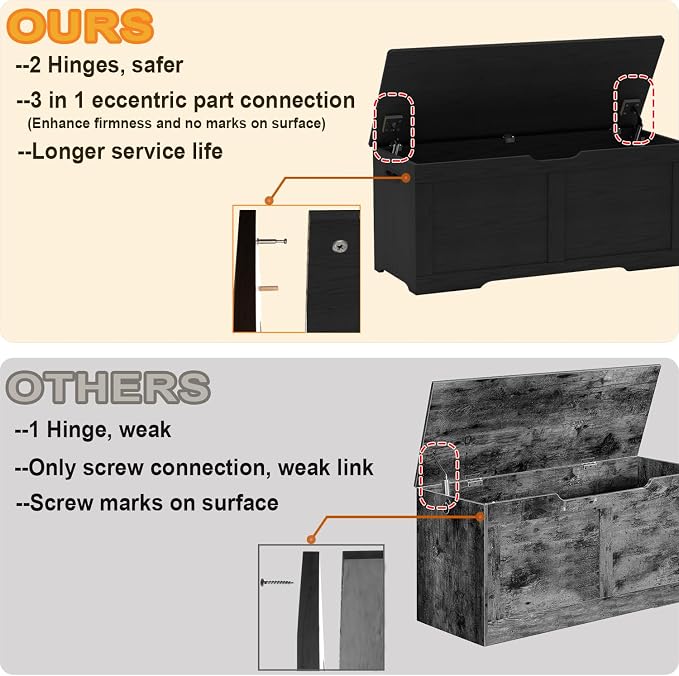 Timberer 39.4" Storage Chest, Wooden Storage Bench, Lift Top Toy Chest with 2 Safety Hinges, Large Toy Box, Entryway Bench for Living Room, Bedroom, Black - Image 4