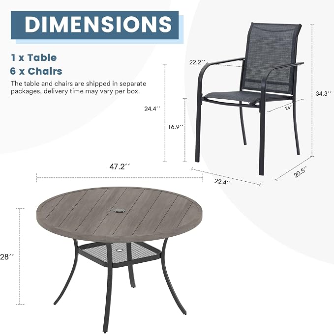 DIFY Outdoor Dining Set for 6, Patio Dining Furniture Set Includes 47.2" Grey Wood-Like Round Table with Adjustable Umbrella Hole and 6 Grey Stackable Metal Chairs for Poolside, Garden, Backyard - Image 2
