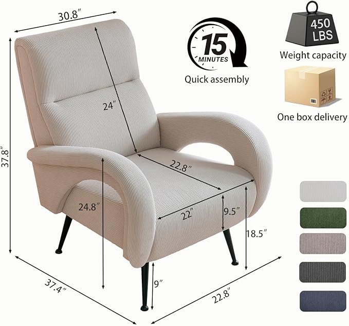 Corduroy Living Room Accent Chairs, Comfy High Back Reading Chair with Curved Arms and Solid Legs, Upholstered Armchair for Bedroom, Reading Nook, Apartment, Beige
