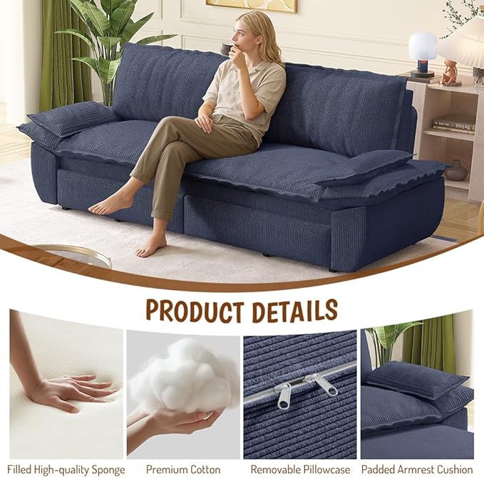 73.2" Queen Size Pull Out Sofa Bed, 3-in-1 Convertible Sleeper, Corduroy Loveseat for Living Room, Apartment, Bedroom Small Spaces, Dusty Blue (Mattress & Bedding Not Included)