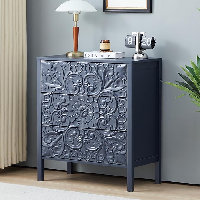 weselon Carving 3 Drawer Dressers for Bedroom, Wide Chest of Drawers with Storage, Accent Luxury Nightstand Small Dresser for Hallway Living Room Entryway Office (1, Gray Blue) by WelcometoFurnitureSalon
