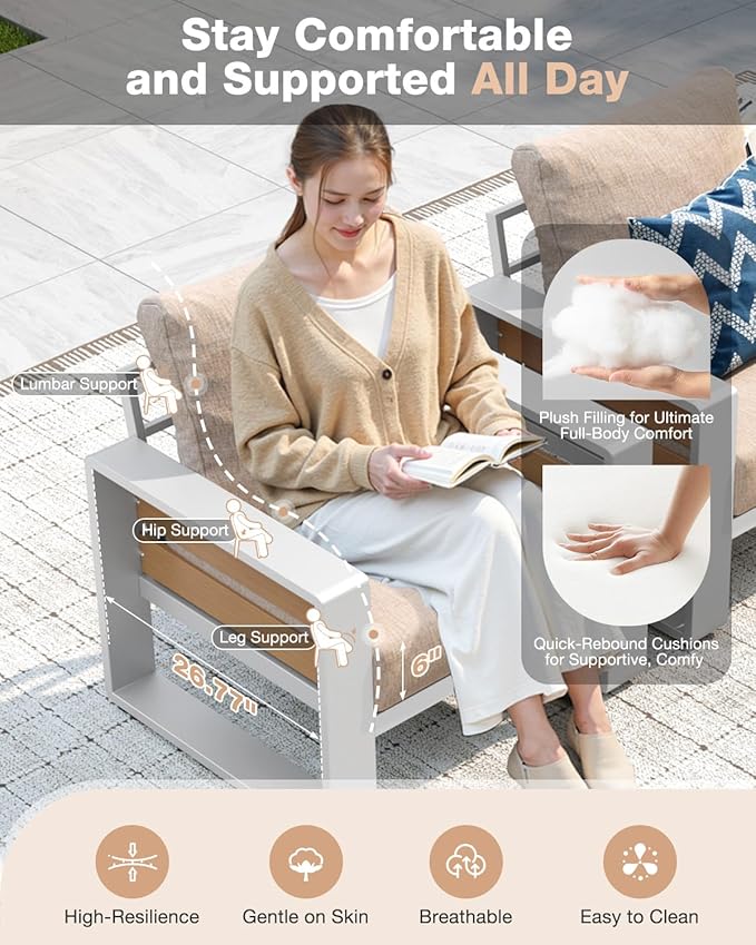 Aoxun Aluminum Patio Furniture Set, 5 Seats Luxury Outdoor Sectional with 6" Olefin Fabric Cushions, Patio Conversation Sets with Coffee Table Outdoor Sofas for Backyard, Deck, Porch Beige