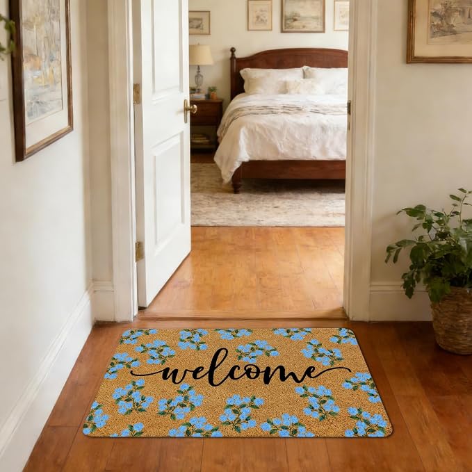 Blue Hydrangea Floral Welcome Mat, Cottagecore Blue Flower Faux Coir Door Mat Doormat for Front Door Indoor Outdoor Porch Entrance Entryway Outside Inside, 17x30 Inches - Image 5