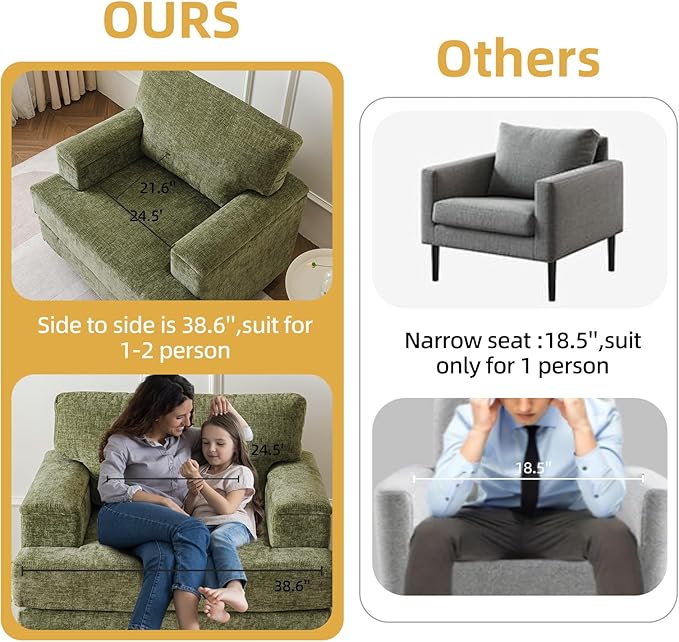 Oversized Accent Chair with Armrest Organizer,Comfy Living Room Chairs with Thick Cushion,Upholstered Modern Armchair,Big Reading Chair,Sofa Chair for Bedroom,Green