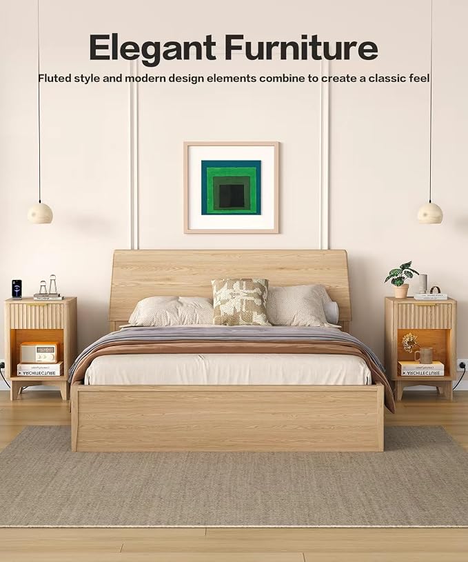 Fluted Nightstand Set of 2, Wooden Night Stand with Charging Station and LED Light, Modern Mid Century End Table with Drawer, Bedside Table for Bedroom, Natural Oak - Image 5
