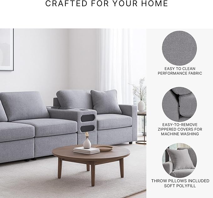 Signature Design by Ashley Modmax Casual Modular Stain Resistant 4-Piece Sectional with Audio Console, Drawer Storage, USB Ports and 2 Accent Pillows, Gray