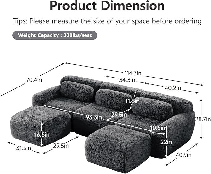 114.7" Modular Boneless Sofa, Modern Sectional Couch, U-Shape Boneless Couch for Living Room Apartments Bedroom, 32D High Density Sponge Lounge Sofa, No Assembly Required, Dark Grey