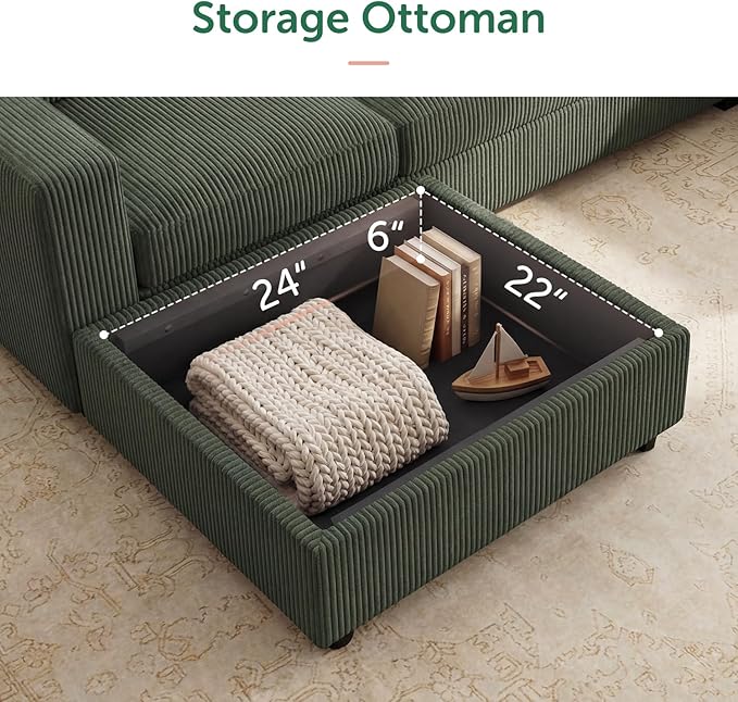 HONBAY Corduroy Sectional Couch with Storage, 8 Seater U Shaped Sectional Sofa Sectional Couches for Living Room, Green