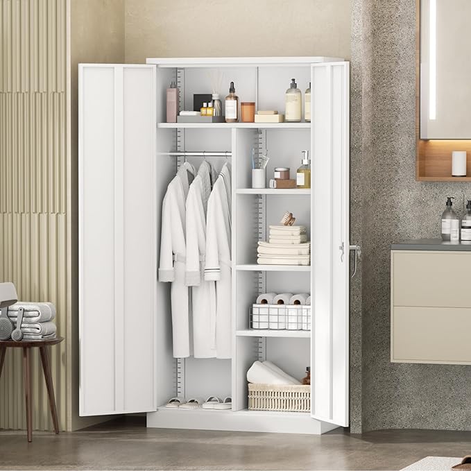 INTERGREAT 72”Tall Metal Wardrobe Cabinets with Lock,Clothing Storage Cabinets with Hanging Rod and 4 Adjustable Shelves，Closet for Home Living/Laundry Room/Department (White)