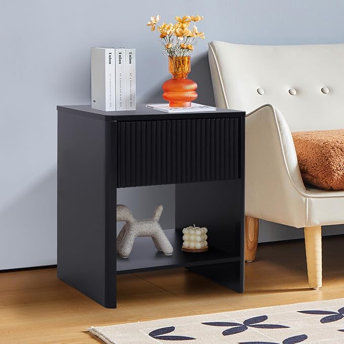 Modern Night Stand Set 2 with Drawer, Black Nightstand for Bedroom, Small End Table with Storage, Living Room/Bed Side Table with Drawer for Small Spaces, Fluted Cabinet Wood Nightstand - Image 5