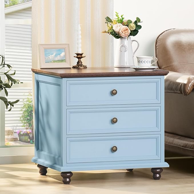 Joaxswe 24" Wide Farmhouse Nightstand Set of 2, 54" 7 Drawers Dresser, 45" Tall Rustic Chests of 5 Drawers w/ 4 Solid Wood Feet, Farmhouse Furniture Series for Living Room,Bedroom,LightBlue