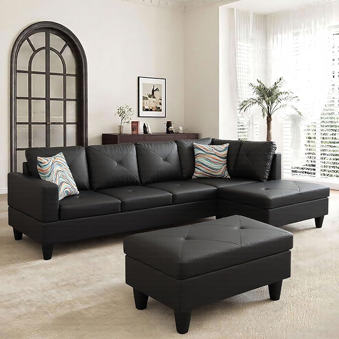 Sectional Couches for Living Room Furniture Sets, 4 Seat L Shaped Couches with Ottoman, Modular Sectional Sofa for Apartment Furniture Sets, Black