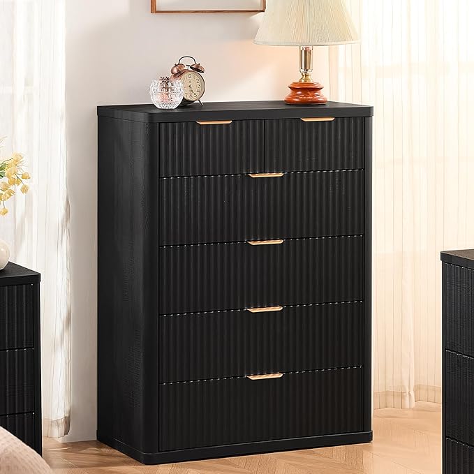 LEYAOYAO Fluted Dressers & Nightstand Set of 3, Wood 48" Wide Dresser & 42" Tall Chest of Drawers,Modern Bedroom Furniture Sets, Black Wooden Nightstand with 2 Drawers & Charging Station