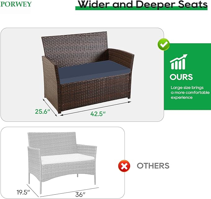 Patio Outdoor Furniture 4 Pieces Sectional Sofa Set Balcony Furniture Wicker Rattan Chairs with Table and Loveseat for Garden, Porch, Backyard, Brown Wicker/Blue Cushion