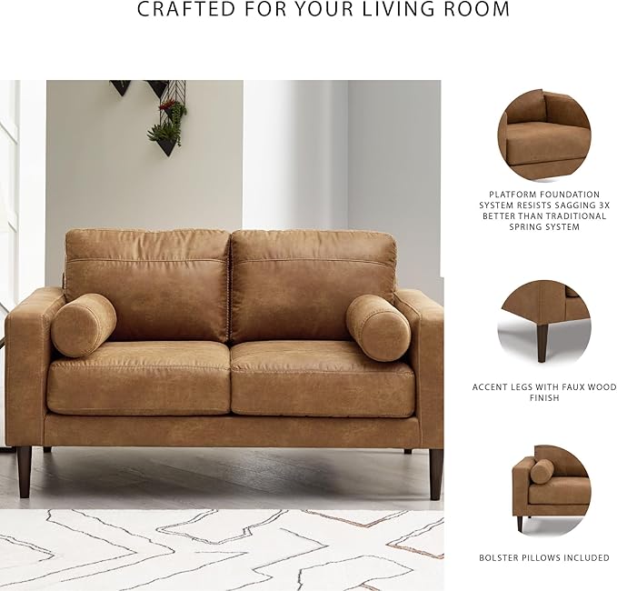 Signature Design by Ashley Telora Modern Faux Leather Loveseat with 2 Bolster Pillows, Dark Brown