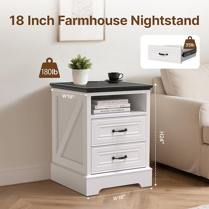 Farmhouse Night Stand Set of 2,18" Nightstand with Charging Station, End Table with 2 Drawers Storage Cabinet Bedside Cabinet for Sitting Room and Bedroom,Wood Rustic - Image 2