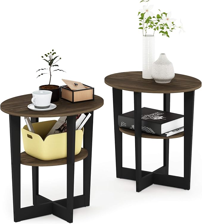 Furinno JAYA Side Table Set of 2, 2-Tier Round Modern End Table with Oval Tabletop, Night Stand, Bedside Table with Open Shelf, for Living Room, Bedroom, Columbia Walnut by Furinno-FitsYourSpaceFitsYourBudget