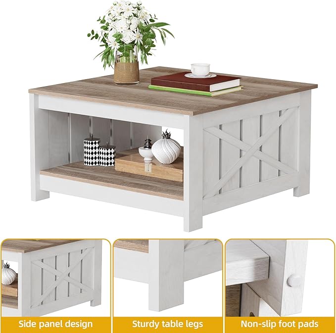 DWVO Square Coffee Table for Living Room, Farmhouse Coffee Table with Storage, 2-Tier Wood Coffee Tables Center Table with Half Open Storage Compartment, Grey Wash
