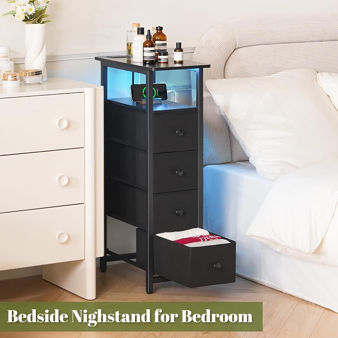 Yoobure LED Narrow Nightstand with Charging Station - Slim Dresser for Bedroom Narrow Side Table Storage Cabinet, Small Dressers Chest of Drawers, Tall Skinny Night Stand End Table for Small Spaces - Image 7