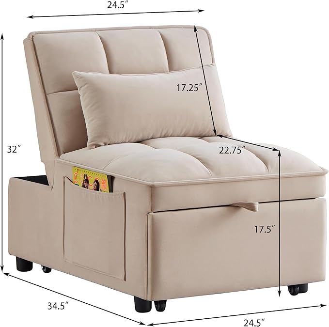 Ball & Cast 4 in 1 Convertible Sleeper Chair, Velvet Single Sofa Bed with Side Pockets,Pull Out Couch with Adjustable Backrest and Pillow, Multi-Function Chaise Lounge for Livingroom,Taupe