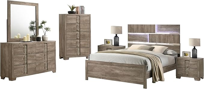 Kings Brand Furniture Dawson Modern 6-Piece Queen Size Farmhouse Style Bedroom Set in Light Brown Finish - Bed with LED Lights, Dresser, Mirror, Chest & 2 Nightstands
