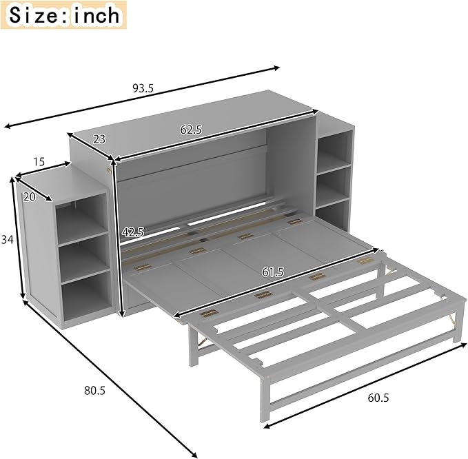 Bellemave Queen Size Murphy Bed, Cabinet Bed with 2 Shelves and Storage Drawers, Farmhouse Murphy Cabinet, Noisy Free, for Guest Bedroom, Living Room, Office, Light Gray