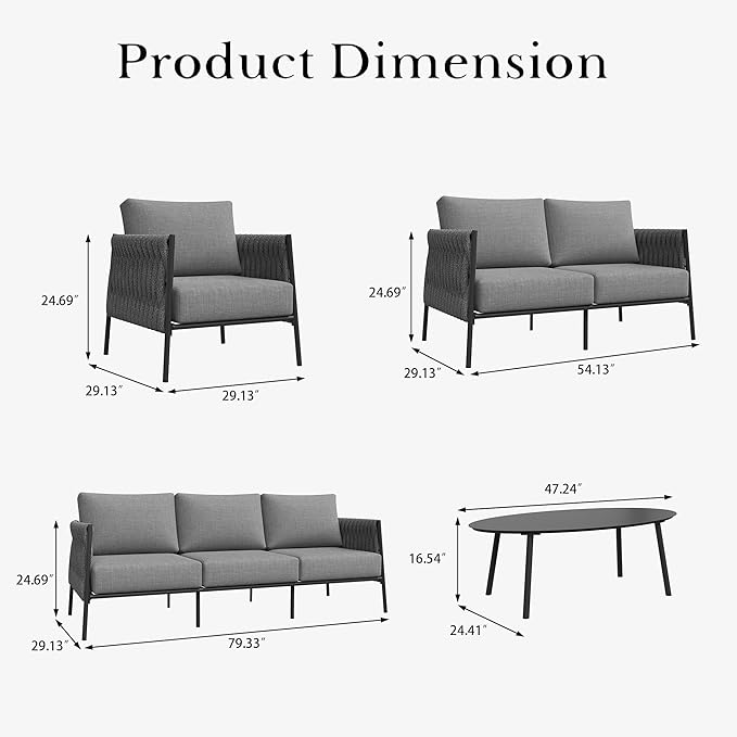 LayinSun 7 Piece Outdoor Furniture Set with Coffee Table, Modern Rope Woven Patio Conversation Sofa Set with Olefin Braid and Deep Seating