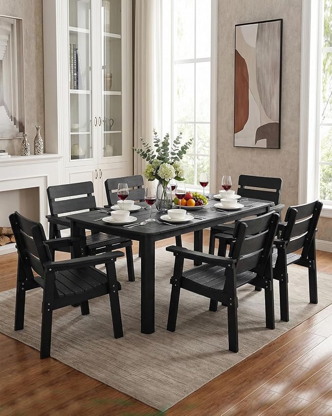 7-Piece Outdoor Dining Set, All-Weather HIPS Patio Table & Chairs for 6, Outdoor Furniture with Umbrella Hole, Ideal for Garden, Poolside, Backyard, Deck, Black - Image 9