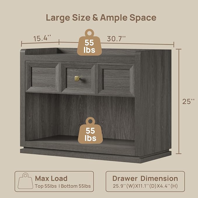 SICOTAS 31" Wide Nightstands Set of 2, Large Night Stands with Drawer, Oversized King Size Nightstand Bedside Table for Bedroom, Farmhouse End Side Table Set of 2 (Dark Grey Oak, 31-Inch) - Image 2
