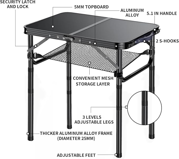 Yriuat Outdoor Side Table, Portable 3 Adjustable Height Small Outdoor Folding Table, Aluminum Foldable Patio Side Tables for Outside Indoor, Plant Stand Coffee End Table for Pool, Porch,Garden(Black) - Image 4