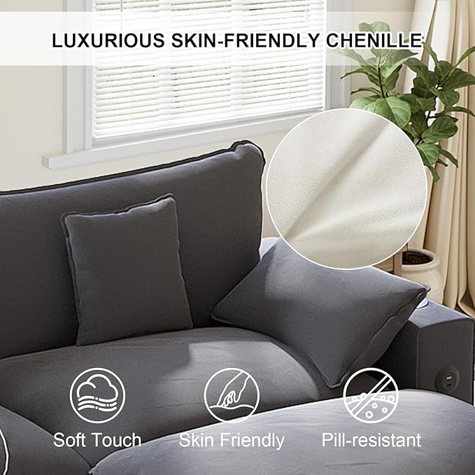80.7" Modular Sectional Couch, L Shaped Cloud Sofa with Movable Ottoman, Chenille Deep Seat Cloud Couch with Charging Station, Cup Holder, Side Pocket, Sectional Couches for Living Room, Grey