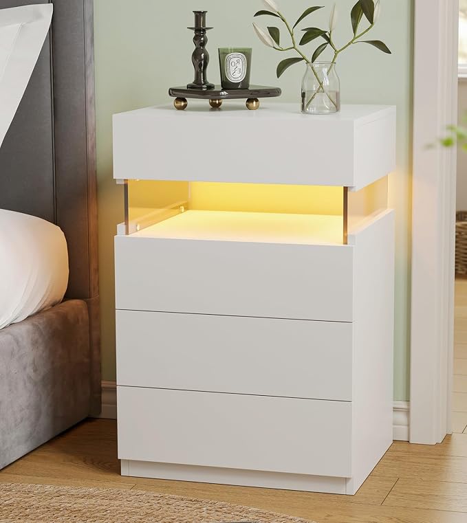 Bingoday White LED Nightstands Set of 2,Modern Night Stand with 4 Drawers,Tall Nightstand,Large Capacity,Multi-Color LED Lights,End Side Table for Bedroom - Image 3