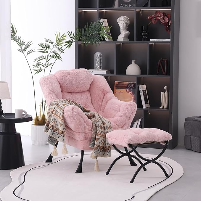 MBOOYOME Lazy Chair with Folding Ottoman, Modern Accent Lounge Armchair with Armrests and a Side Pocket & Foldable Footstool, Leisure Reading Chair for Living Room, Bedroom, Dorm & Office, Plush Pink