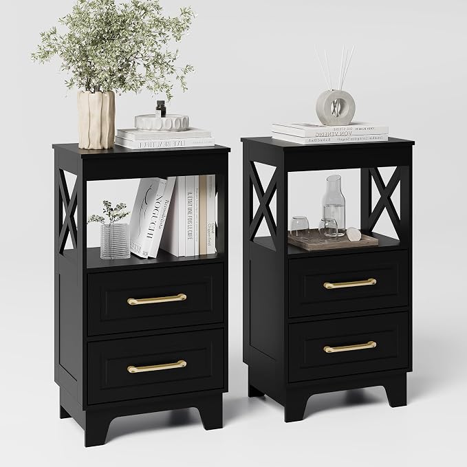 Tall Nightstand Set of 2 Side Table with 2 Drawers Modern Night Stand Wooden End Table Bedside Table with Upper Open Shelf Solid Feet for Bedroom Black by ZYKZYKHOME
