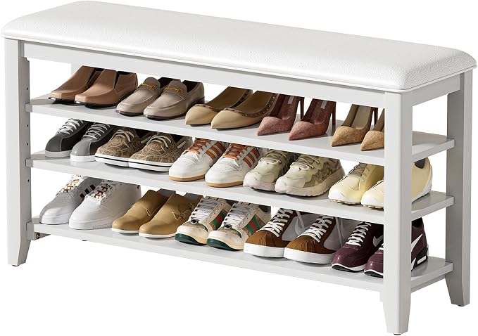 Shoe Rack Bench Entryway Storage with Leather Cushion, Shoe Organizer Bench for Entryway, Ideal for Front Doors Entrances Hallway Mudroom Featuring Rubberwood And 3 Height-Adjustable Removable Shelve by Taitiy