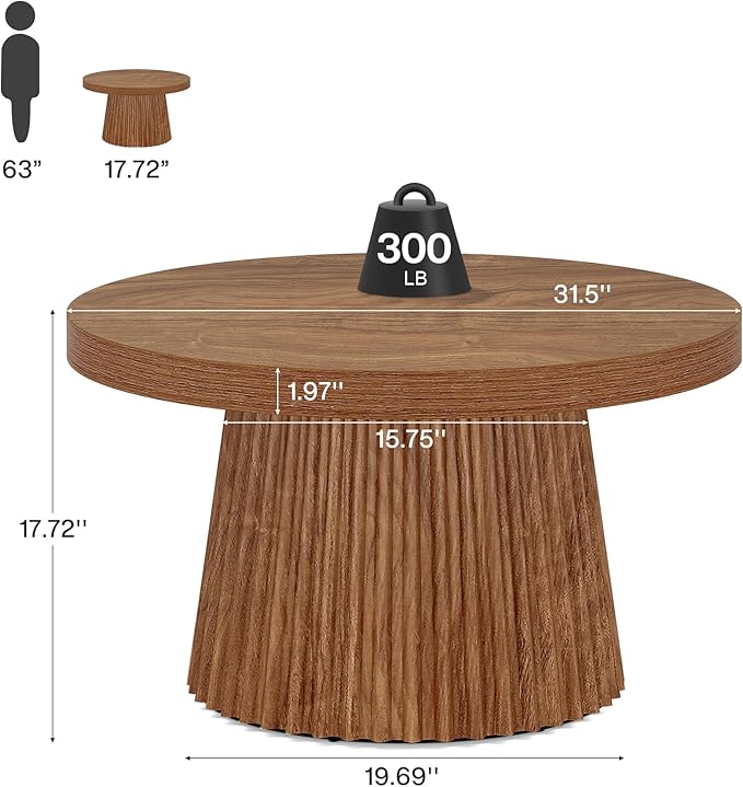 Tribesigns Coffee Table, 31.5" Small Farmhouse Round Coffee Tables with Fluted Drum Base, Mid Century Modern Farmhouse Accent Center Table for Living Room, Apartment, Small Space, Walnut