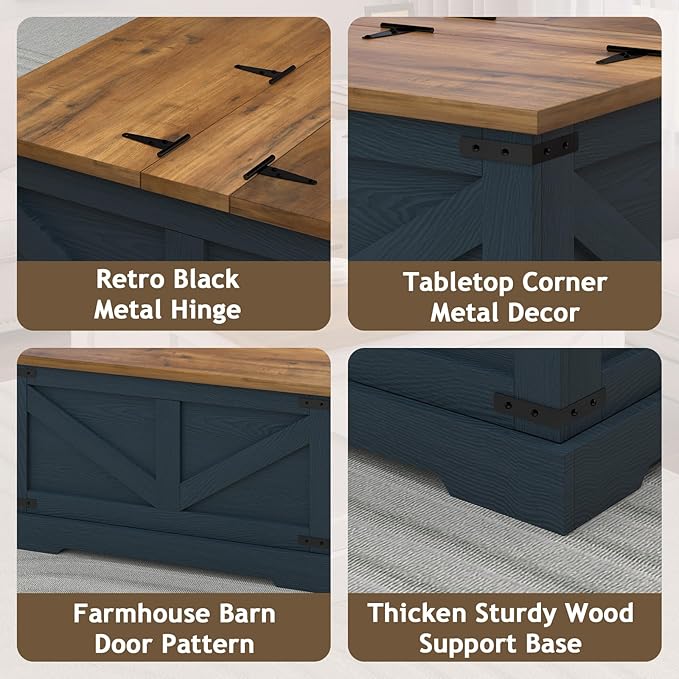 Farmhouse Coffee Table with Hidden Storage Compartment, Square Coffee Table for Living Room, Wood Center Table with Hinged Lifting Tabletop for Home, Navy Blue