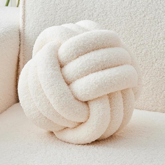 LUSJNGE Decorative Throw Knot Pillow Ball for Home Chair Sofa Couch Bed Aesthetic Round Decor Pillows Lambswool Knotted Pillow Cushion (Ivory White, 13 inches)
