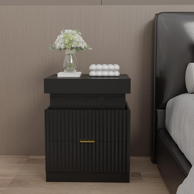 Wooden Nightstand with Charging Station & LED Lights, Modern Fluted Bedside Table with Sliding Top & Drawers for Bedroom & Living Room, Black - Image 3