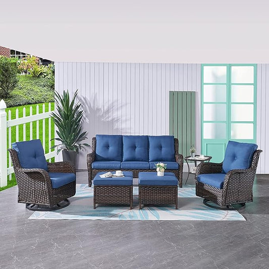 HUMMUH Patio Furniture 6 Pieces Outdoor Furniture Set PE Wicker Patio Couch with Swivel Glider Chairs,Patio Ottomans,Side Table