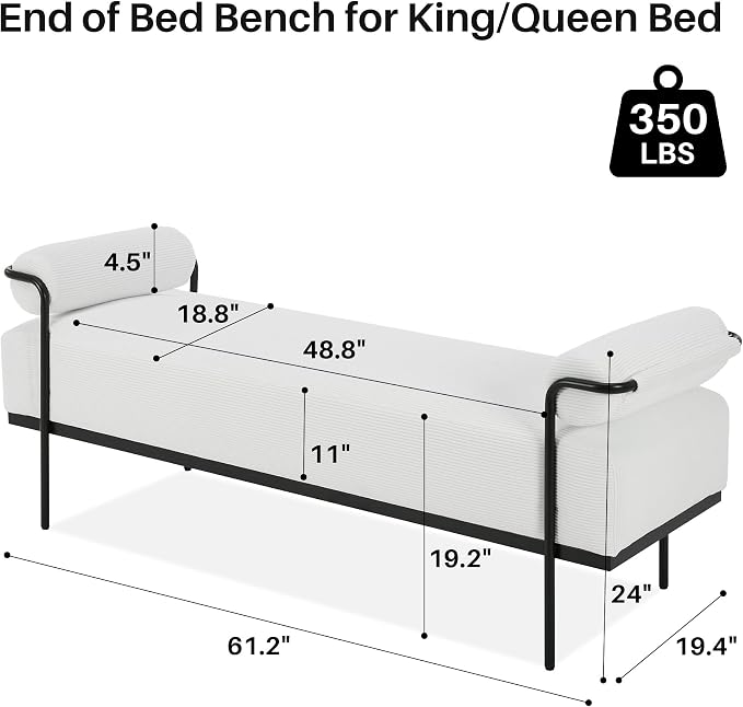 SOFTHION Entryway Bench End of Bed Bench 61.2",Modern Upholstered Bench Ottoman,Corduroy Paded Footrest Stool with Metal Legs for Living Room, Foyer Mudroom Hallway,White - Image 2