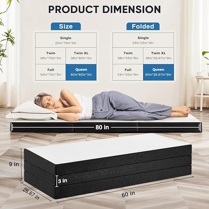 OLIXIS Tri-fold Memory Foam Mattress - 3 Inch Queen Size Portable Floor Bed, Foldable Mat for Adults, Collapsible and Washable Cover with CertiPUR-US Certified, for Travel & Camping & Yoga