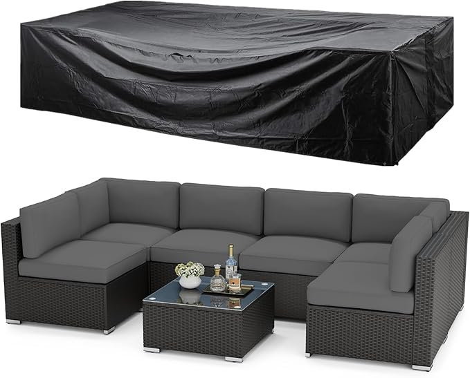 SUNCROWN 7-Piece Outdoor Patio Furniture Sofa Set All-Weather Wicker Sectional Conversation Set with Modern Glass Coffee Table, Cushions and A Waterproof Cover for Backyard, Garden, Poolside, Grey